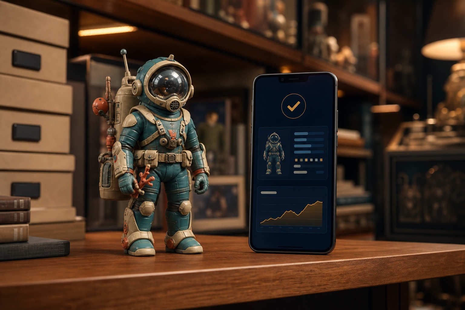 An original deep-sea explorer figure beside its saved catalog record