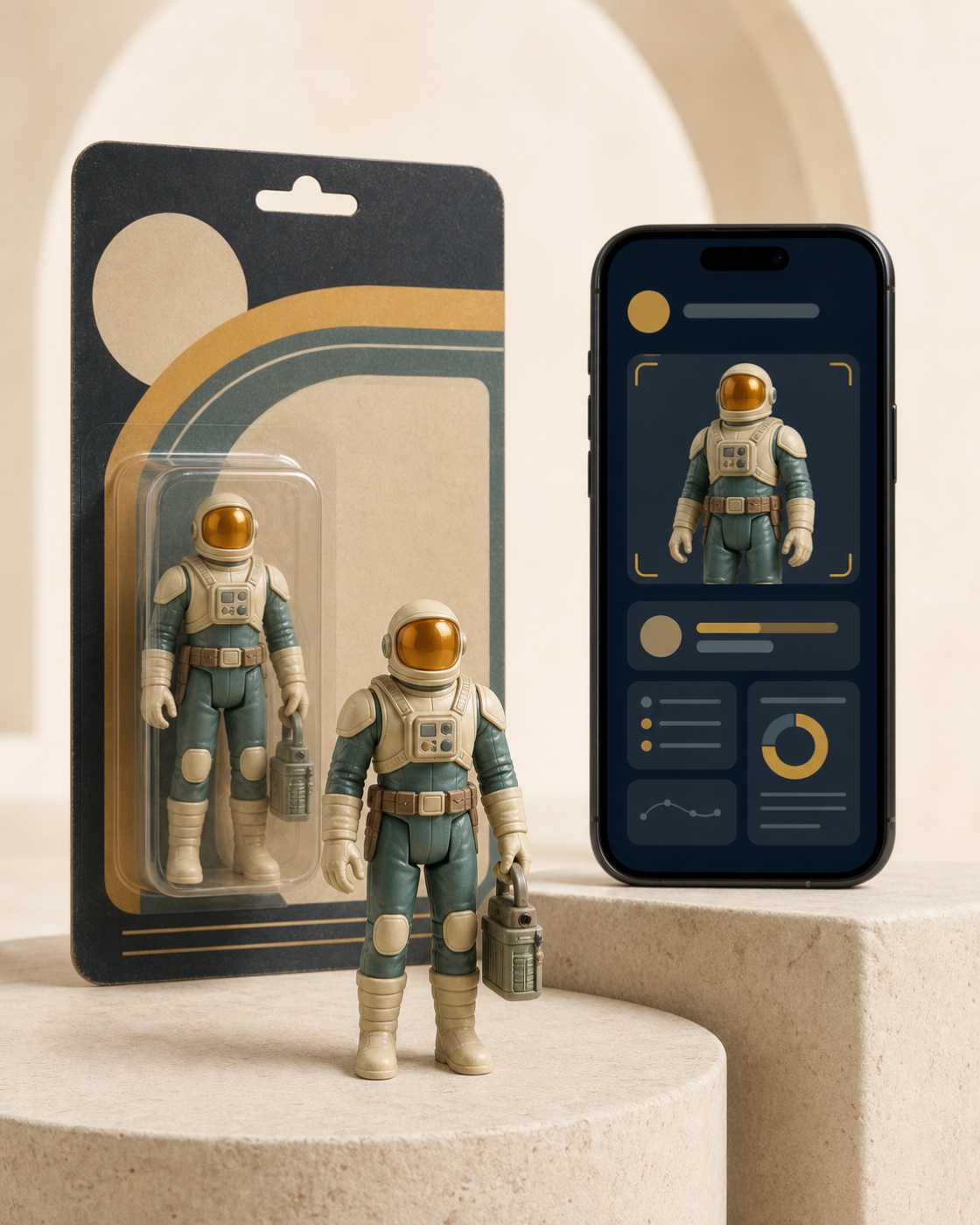Original retro space-explorer action figure, carded figure and a phone showing an abstract catalog interface