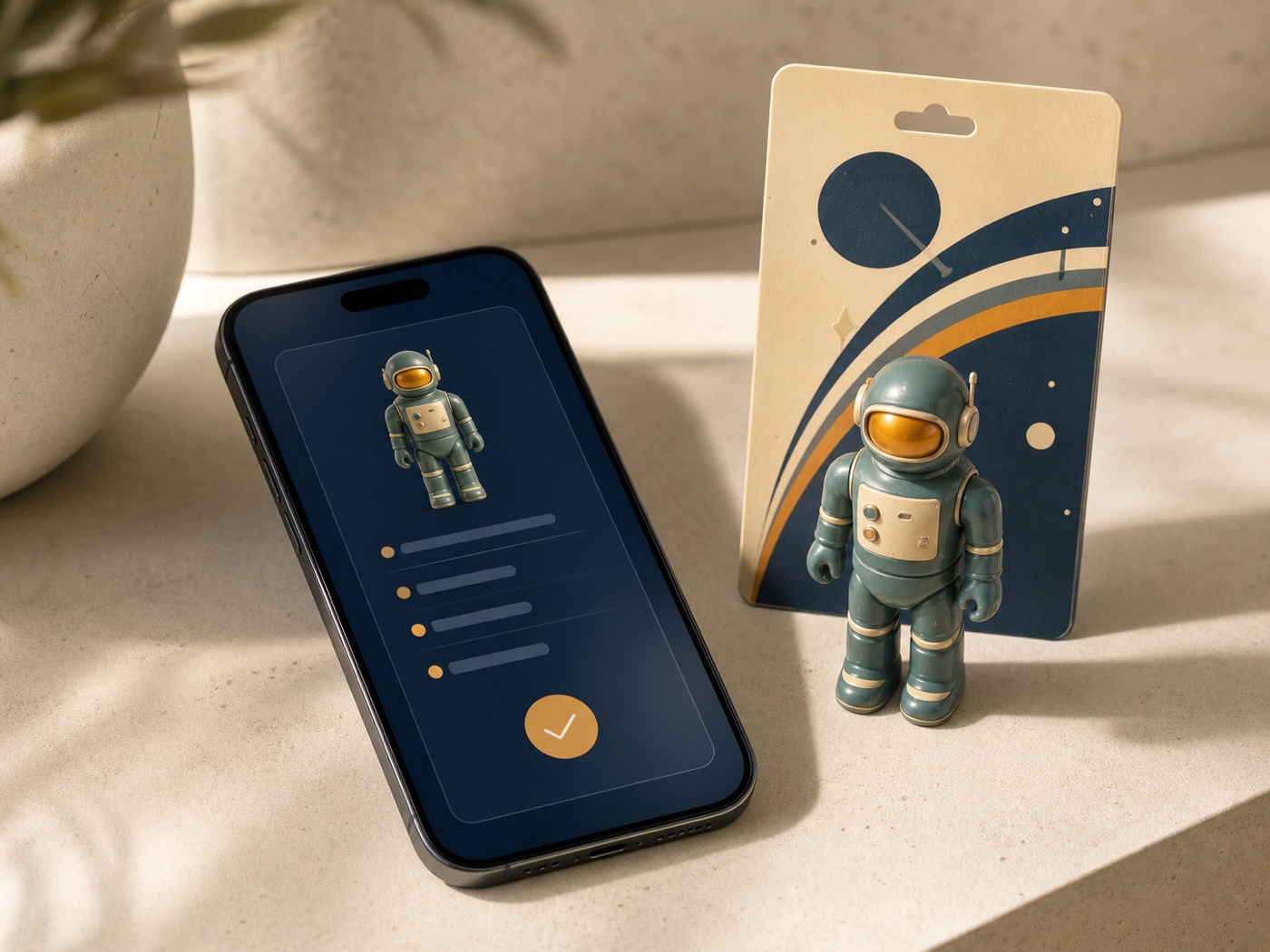 A phone showing a saved catalog record beside an original retro collectible figure