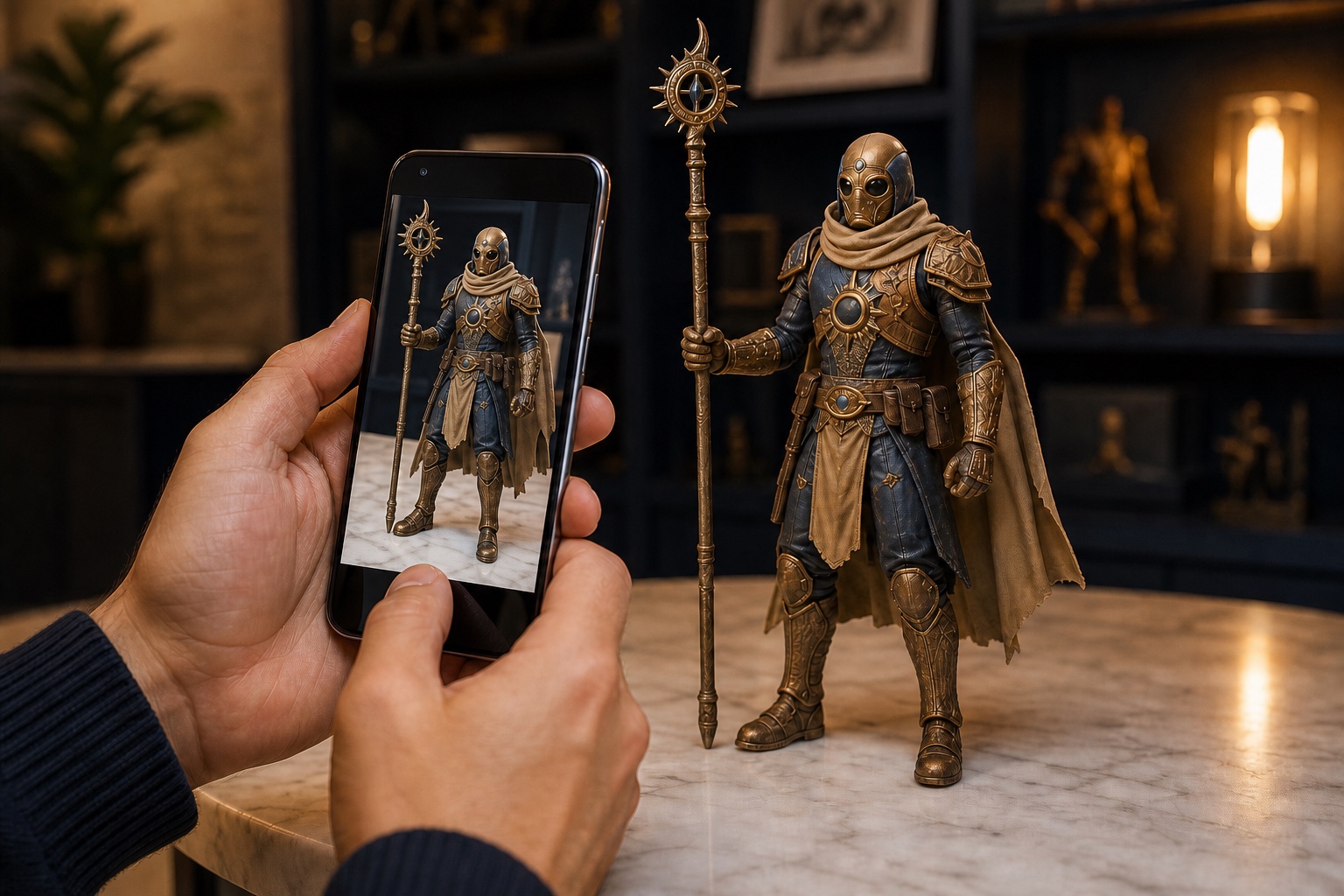A collector photographing an original retro guardian figure and its ornate staff with a phone