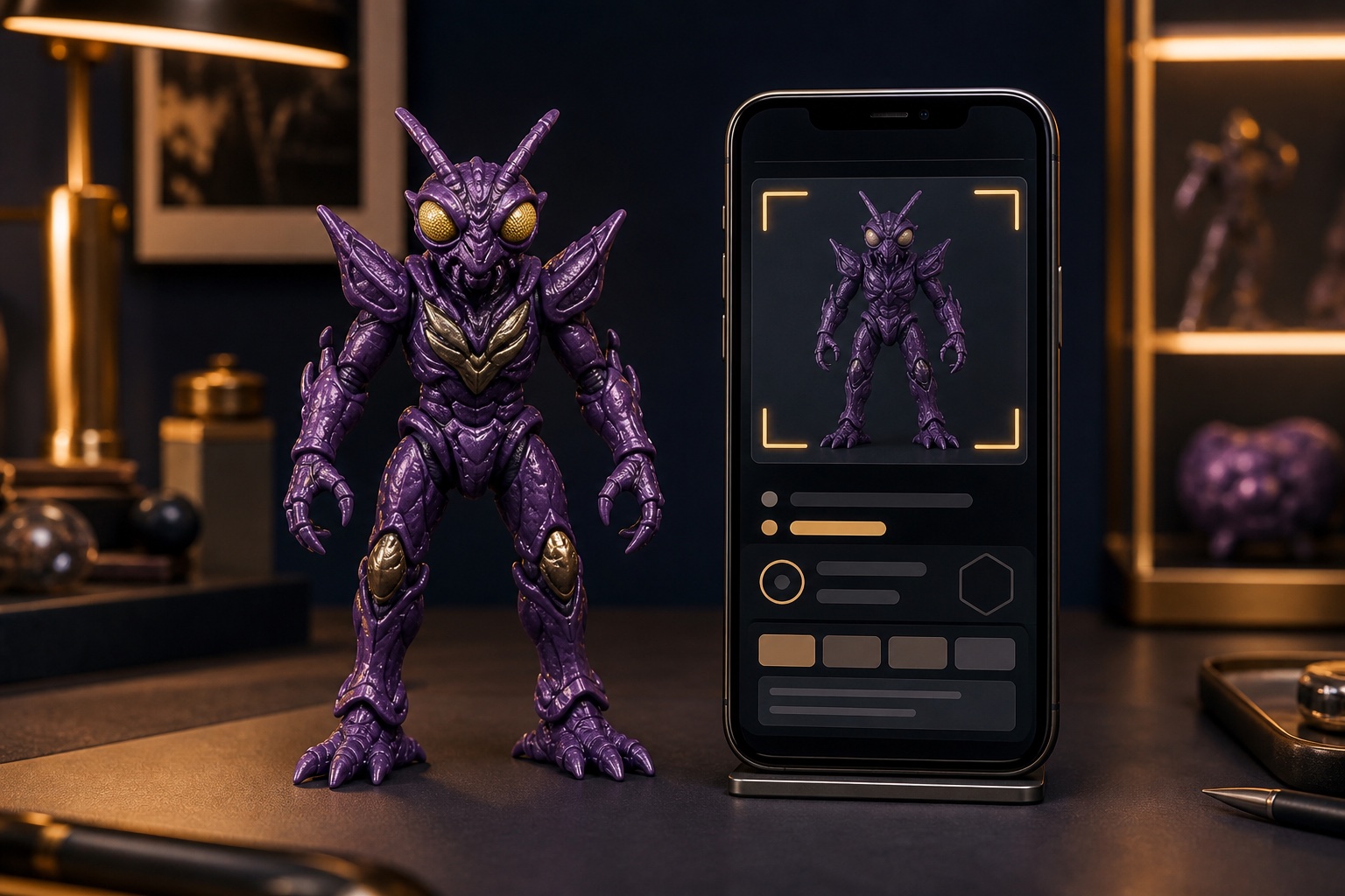 An original alien collectible beside a phone showing its AI match