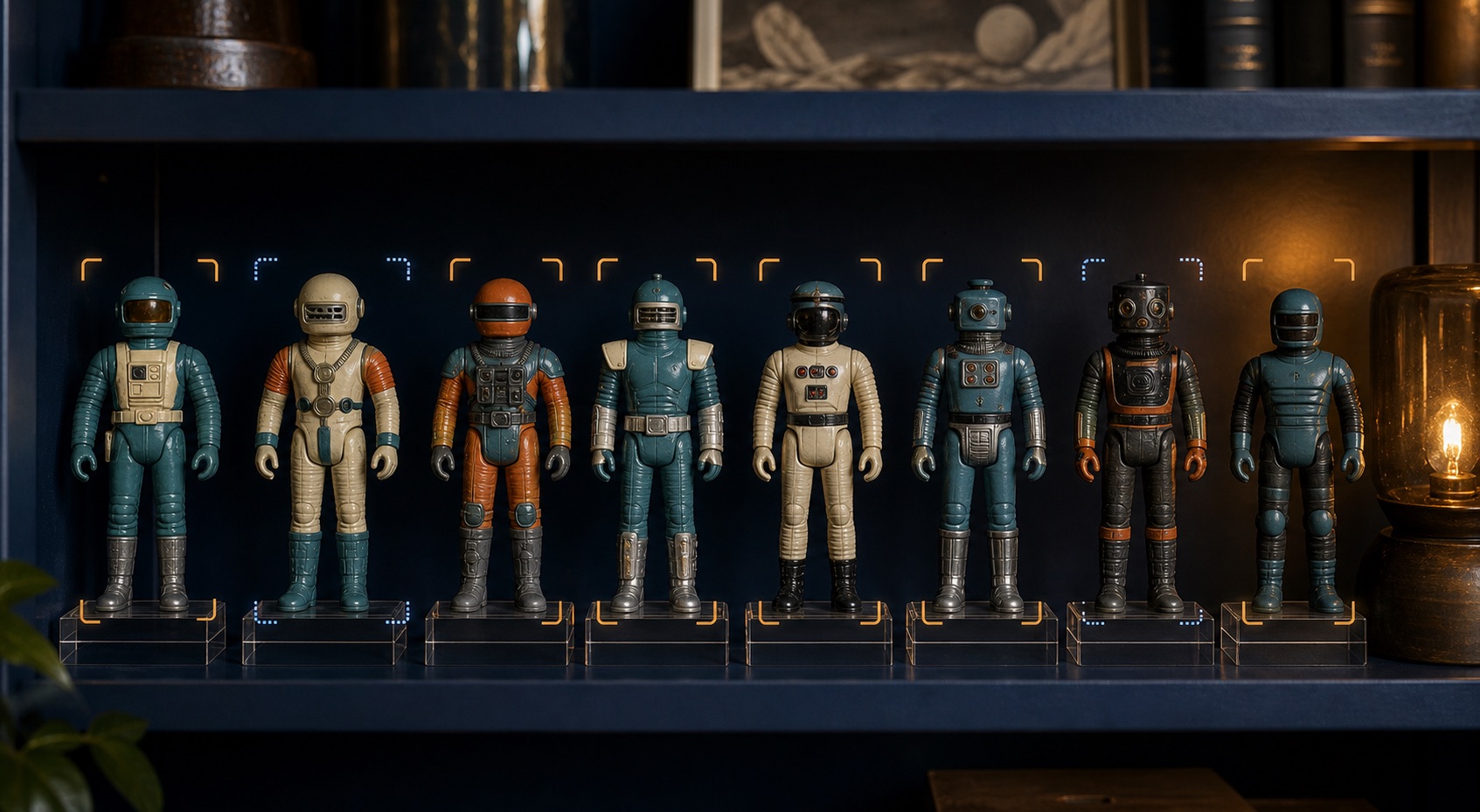 Eight original retro science-fiction figures detected on a collector shelf