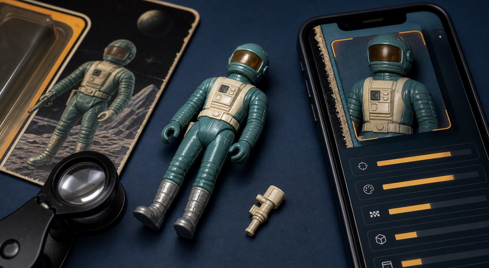 An original retro collectible figure, card and phone being compared for precise identification