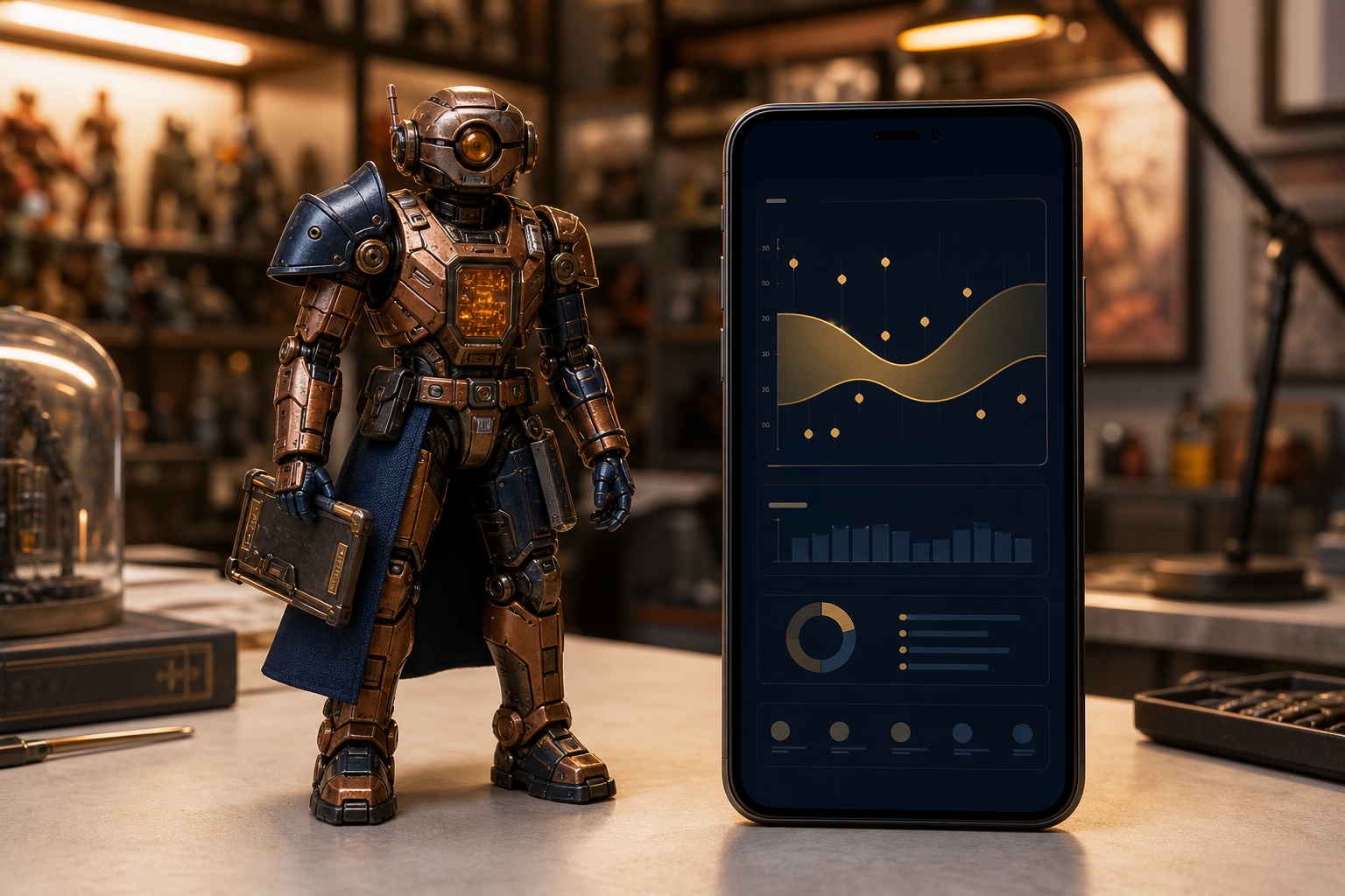 An original robot collectible beside a phone showing listing-based market research